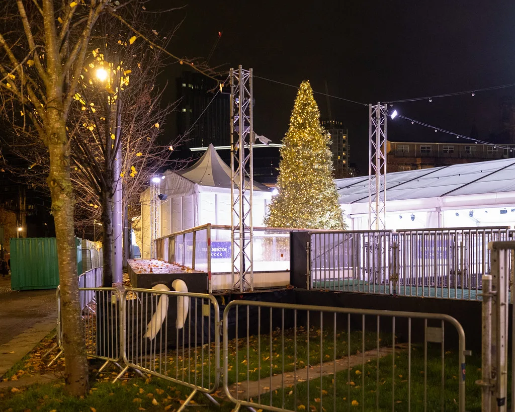 The covered ice rink at Cathedral Gardens, Manchester, around the corner from Victoria station