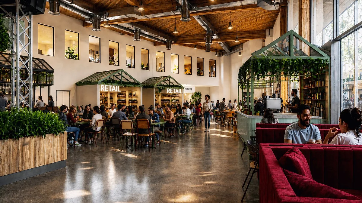 Computer-generated image of the Casewells main hall, with food and retail stalls, long tables and red booth seating under a timber roof
