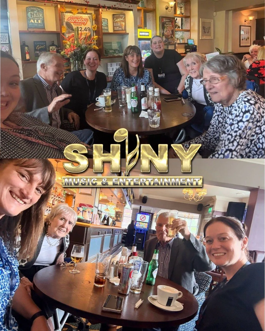 Two photographs of guests smiling around pub tables with drinks, under the Shiny Music and Entertainment logo
