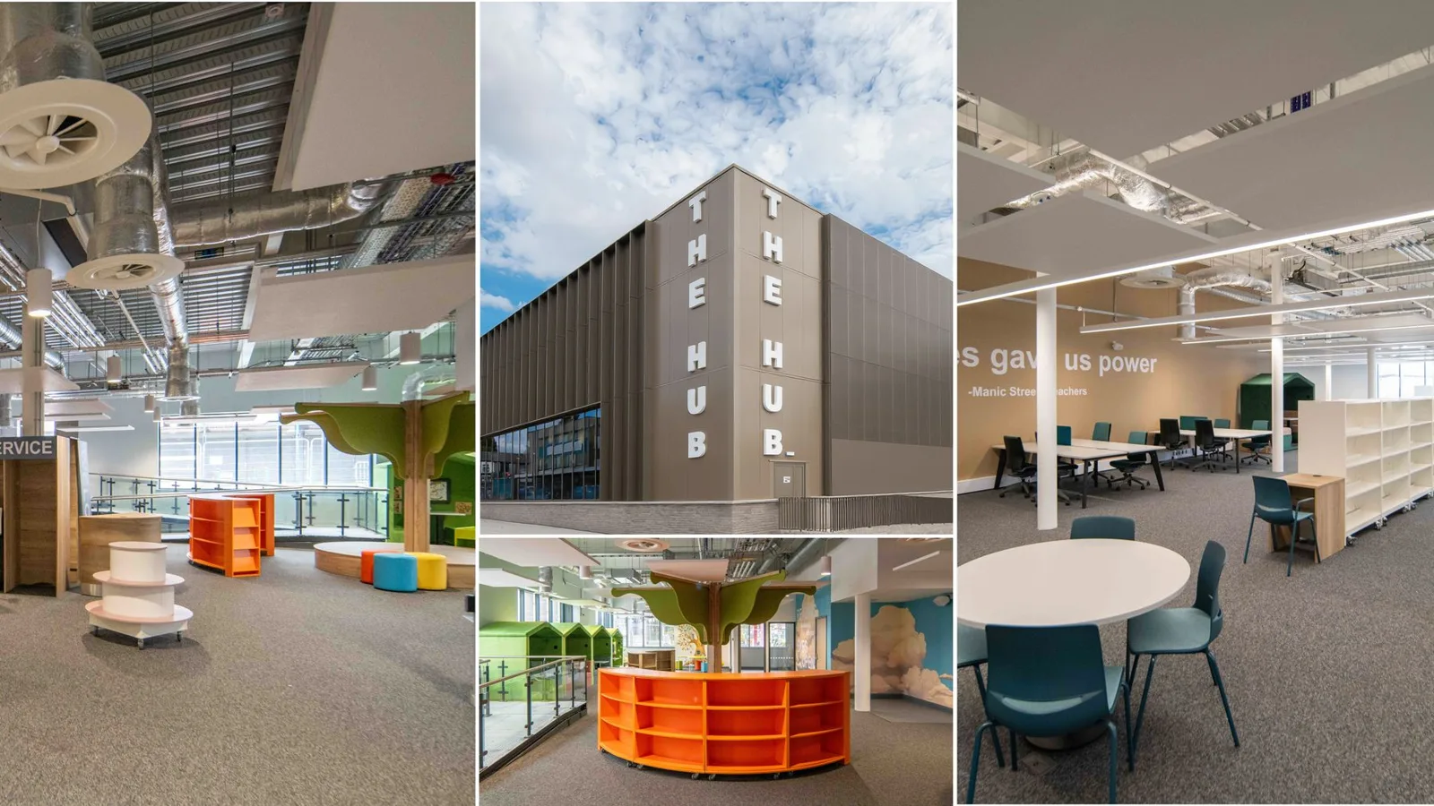 Inside and outside The Hub in Radcliffe during fit-out, including the new library space, in images released by Bury Council