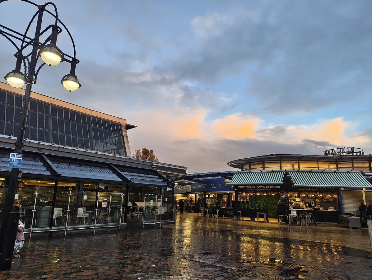 Bury Market. The outdoor market trades on Wednesdays, Fridays and Saturdays; the indoor hall is closed